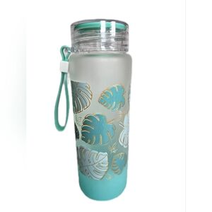 Aqua Tropical Leaf Ombre Frosted Glass Water Bottle with Strap